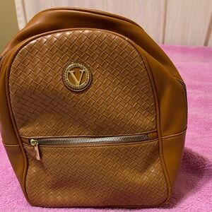 Brown Woven Backpack with Gold Accent
